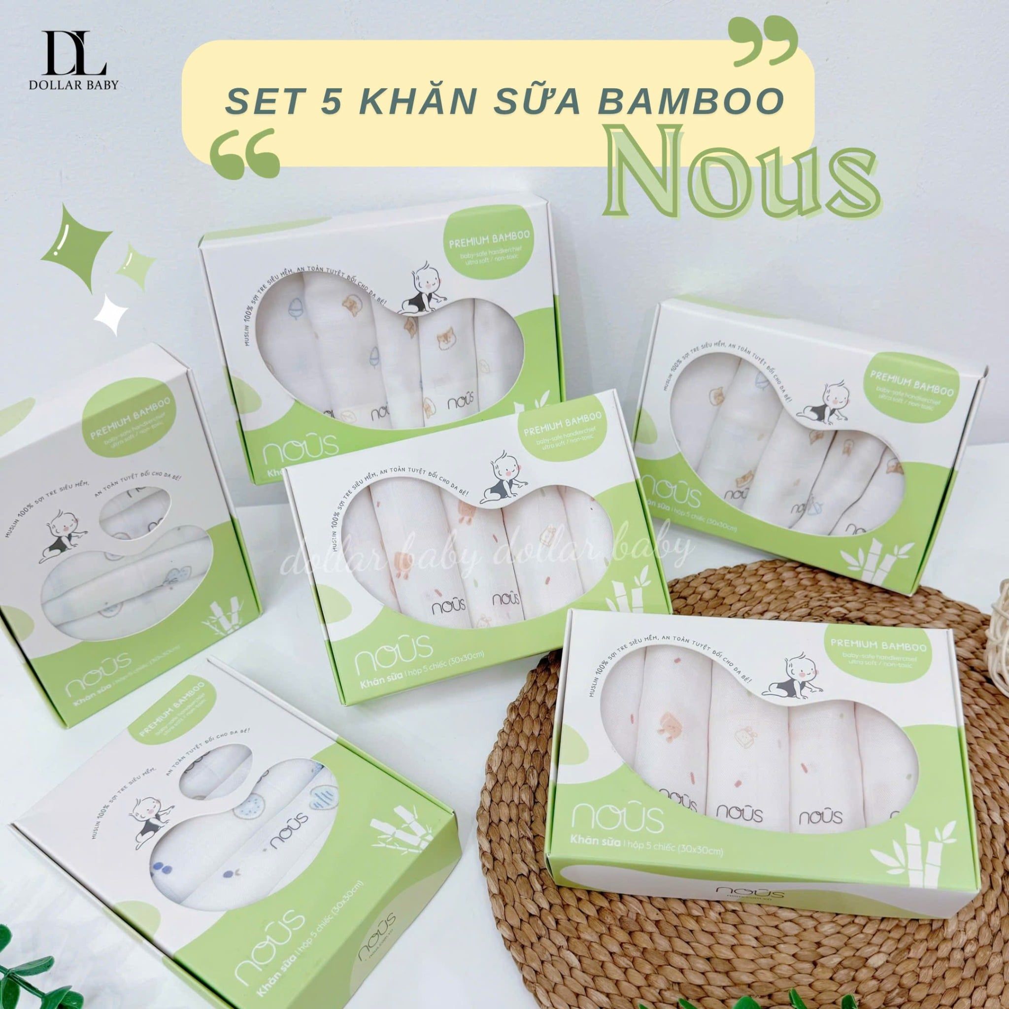  NOUS - Set 5 khăn sữa trắng in hoạ tiết 