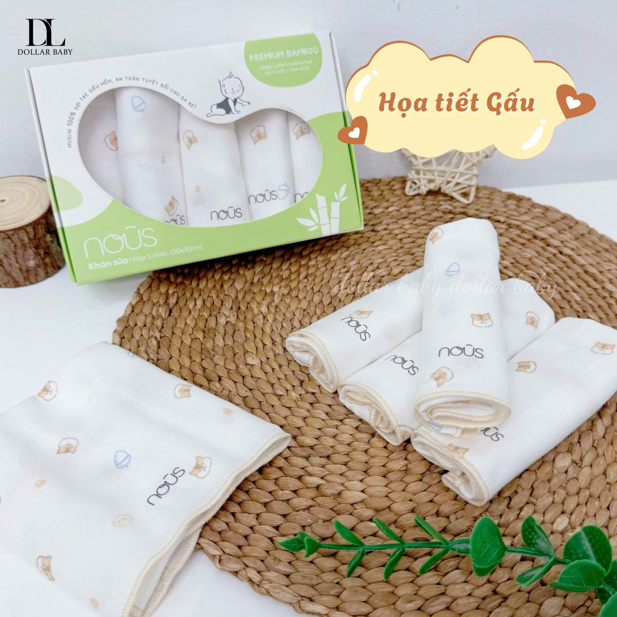  NOUS - Set 5 khăn sữa trắng in hoạ tiết 