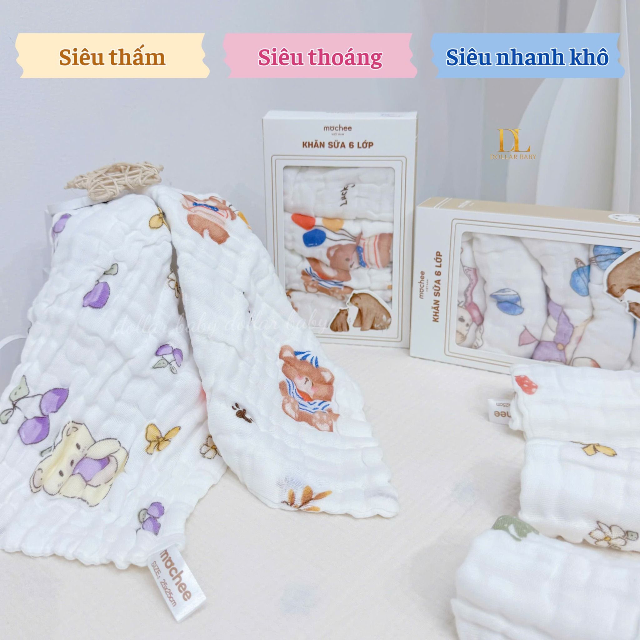  Set 5 Khăn Sữa Xô 6 Lớp Hoạ Tiết  - Mochee 