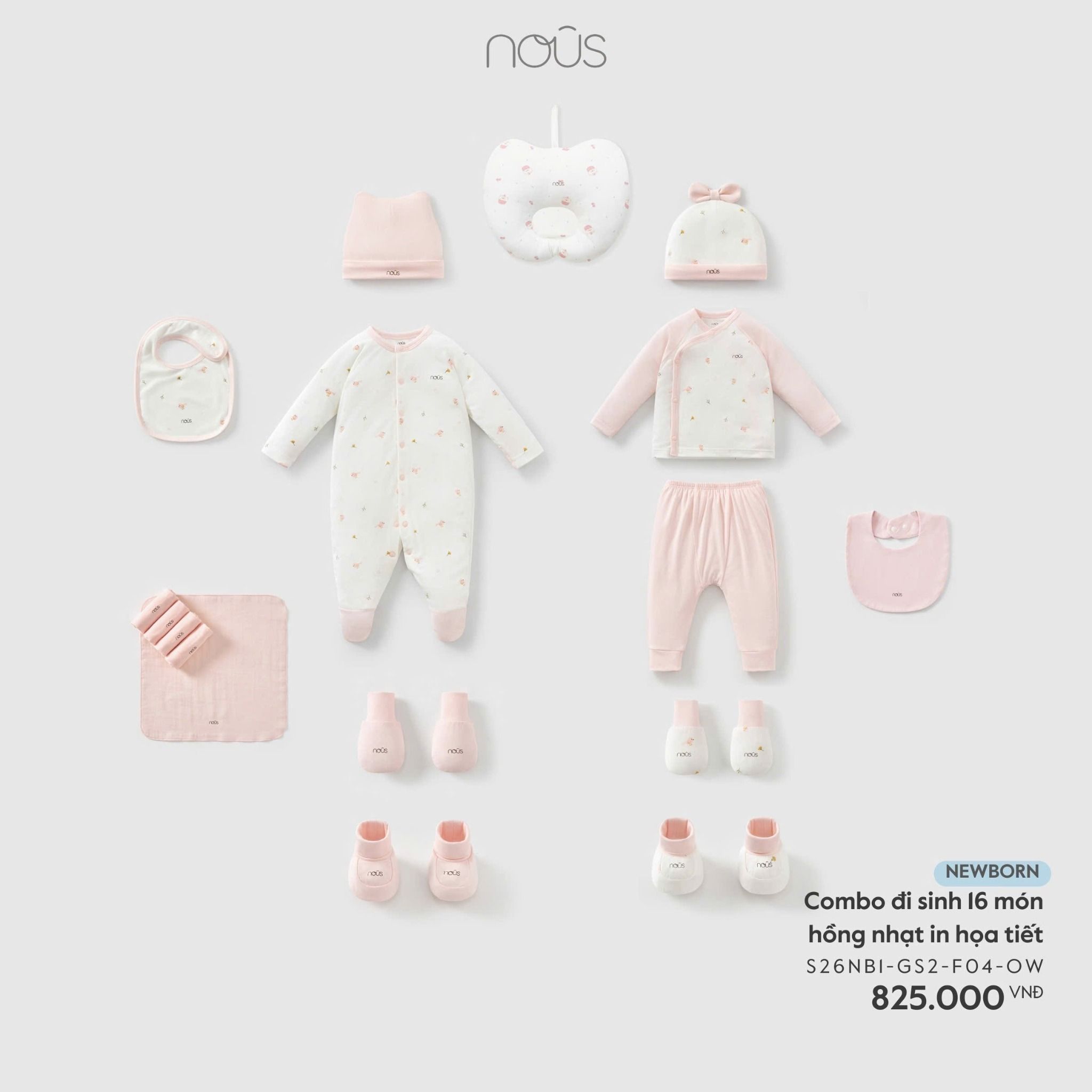  NOUS - Combo đi sinh 16 món hồng nhạt in họa tiết 