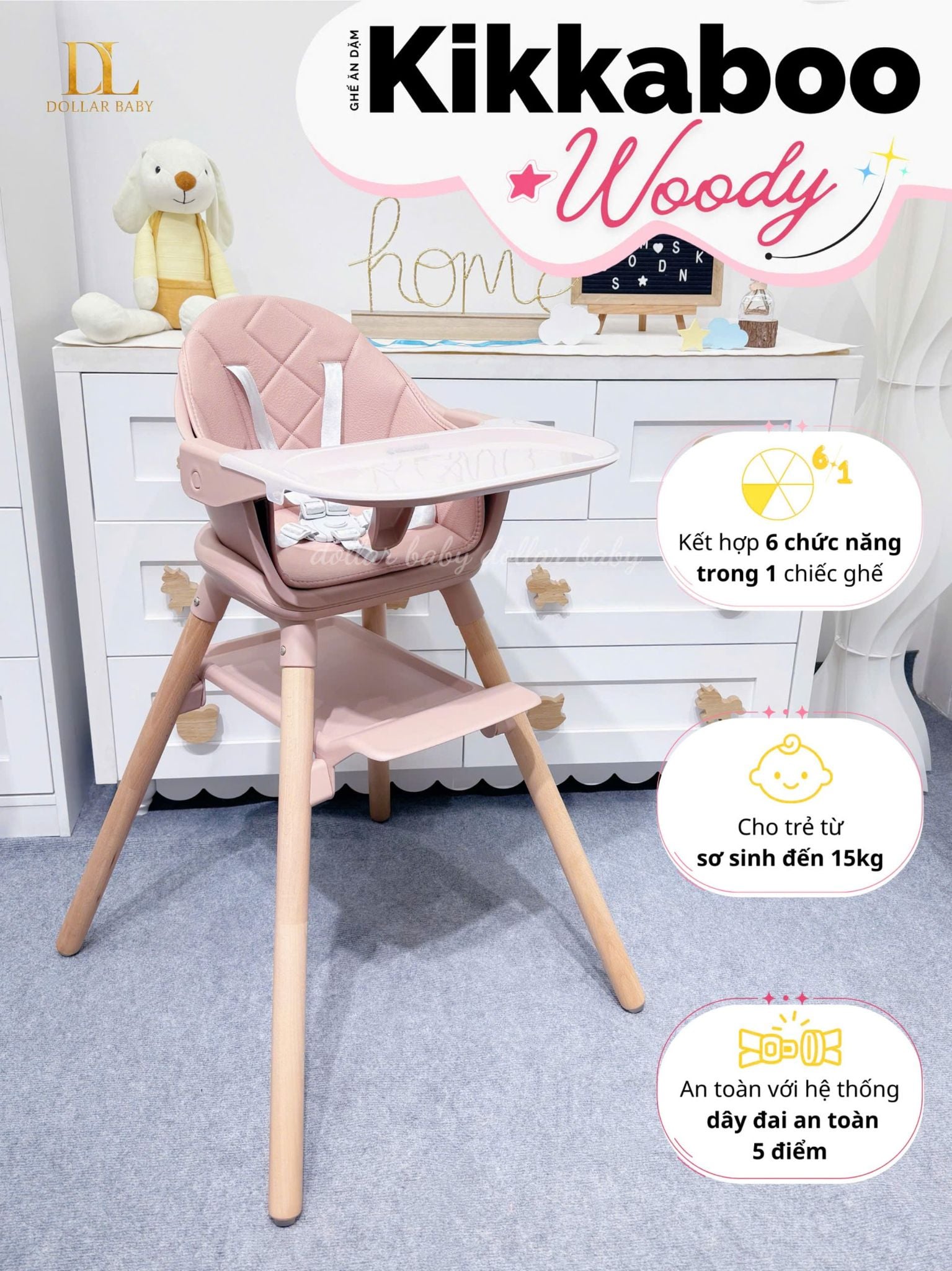  KIKKABOO - Ghế ăn dặm Woody 6in1 