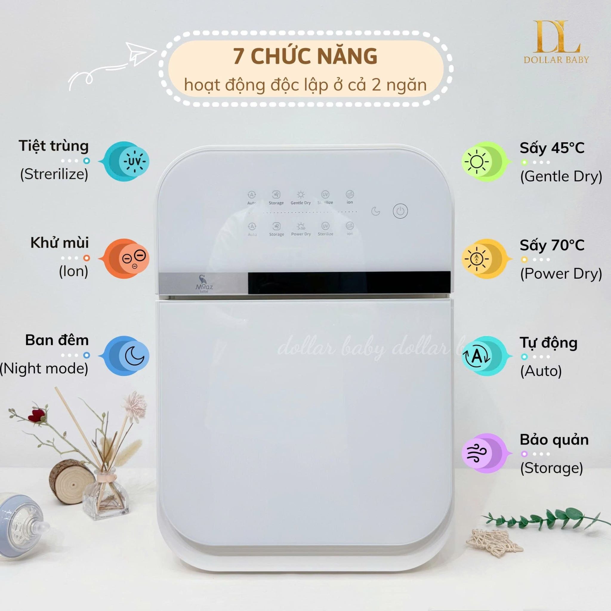  MOAZ BÉBÉ - Máy Tiệt Trùng UVC Và Sấy Khô Thông Minh Hai Ngăn Độc Lập MB132 