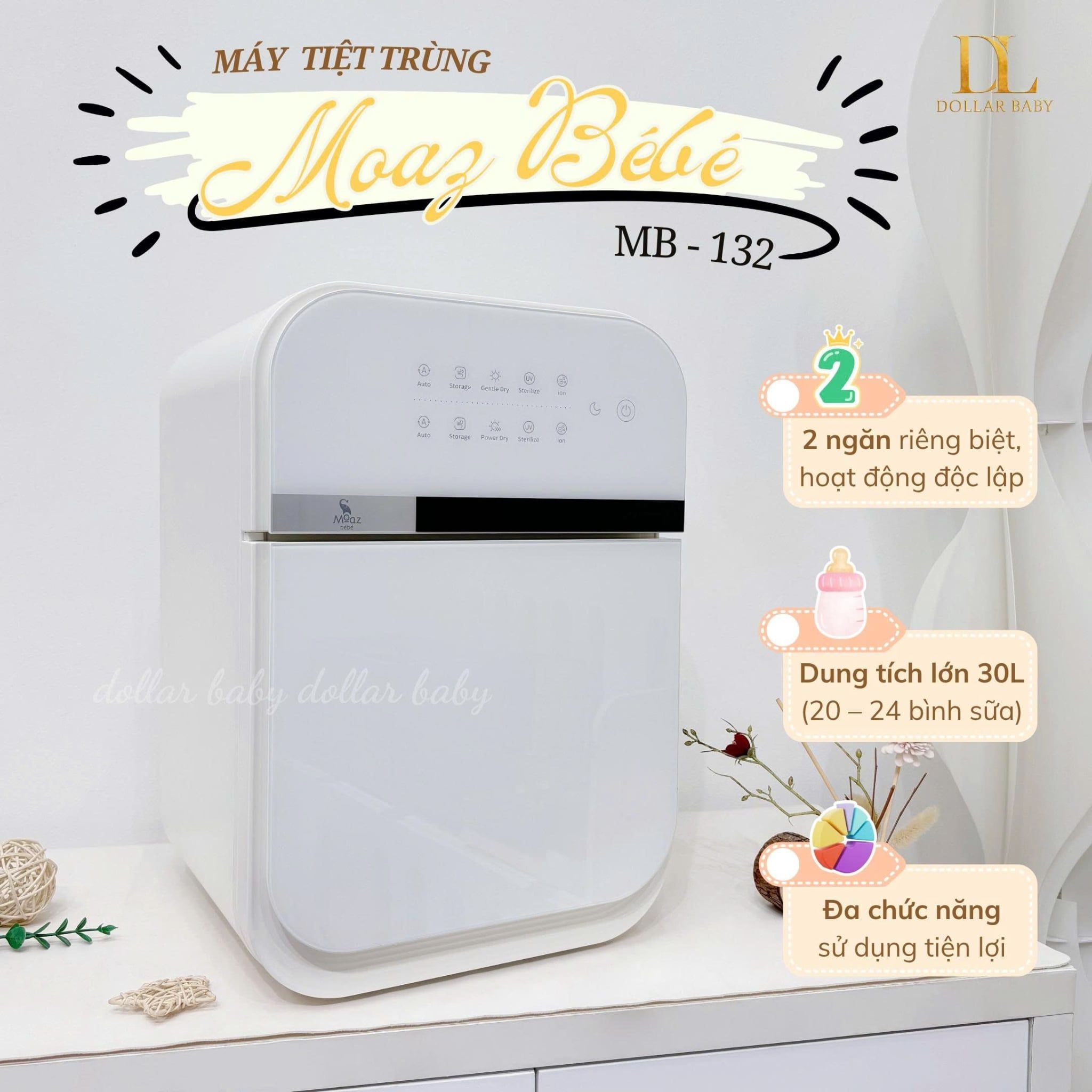  MOAZ BÉBÉ - Máy Tiệt Trùng UVC Và Sấy Khô Thông Minh Hai Ngăn Độc Lập MB132 