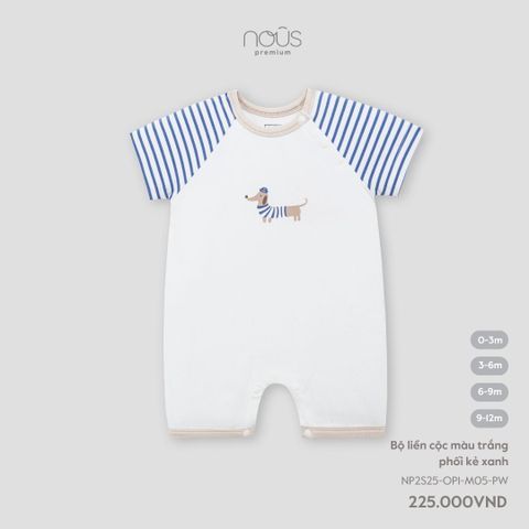 NOUS - Bộ liền cộc màu trắng phối kẻ xanh 