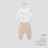  NOUS - Bộ dài tay áo màu trắng kèm yếm phối quần nâu 