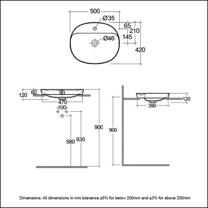 Chậu đặt bàn  VARDI25001AWHA không lỗ thoát tràn