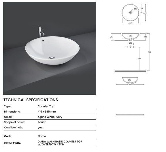 Chậu đặt bàn OC159AWHA có lỗ thoát tràn