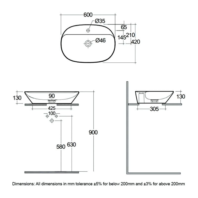 Chậu đặt bàn VARCT36001AWHA không lỗ thoát tràn