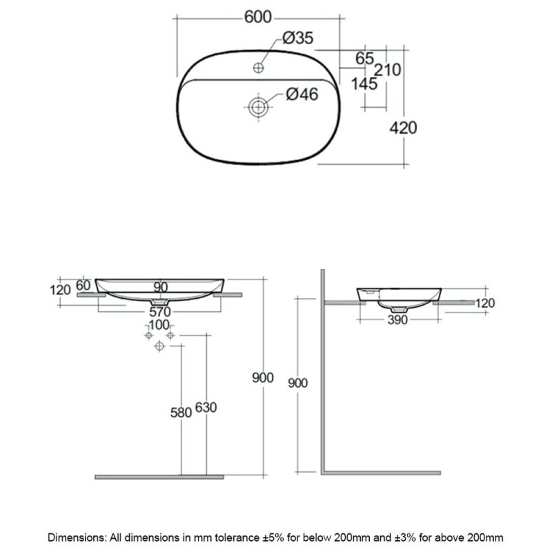 Chậu đặt bàn VARDI36001AWHA không lỗ thoát tràn