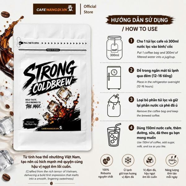 Cà Phê Túi Lọc Strong Cold Brew - 100% Robusta Nguyên Chất (Túi 10 gói x 15g) | CAFE MANG DI.VN