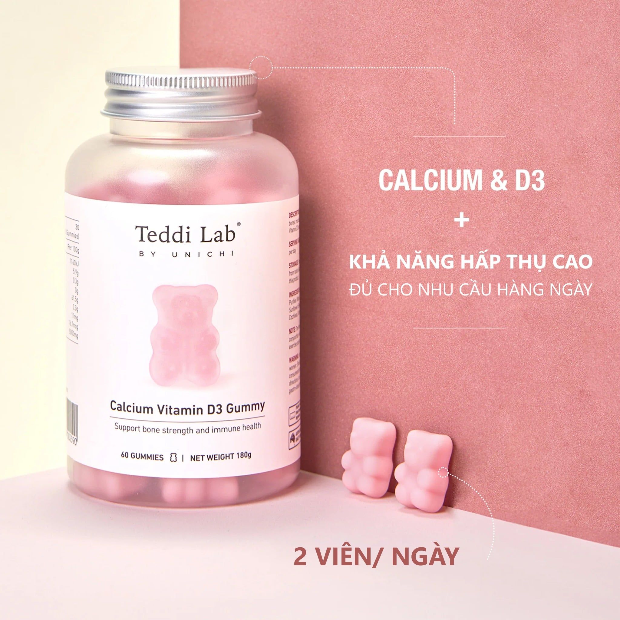  Kẹo bổ sung Canxi + Vitamin D3 chắc khỏe xương Unichi Calcium Vitamin D3 Gummy (60 viên) 