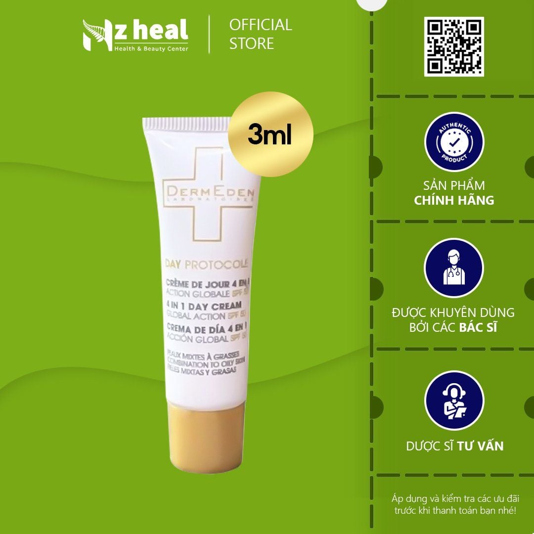  [Sample] Kem chống nắng dưỡng da 4 in 1 DermEden Day Cream Global Action Combination Skin SPF 50/ PA+++ – (Dành cho Da hỗn hợp/ da dầu) 3ml 