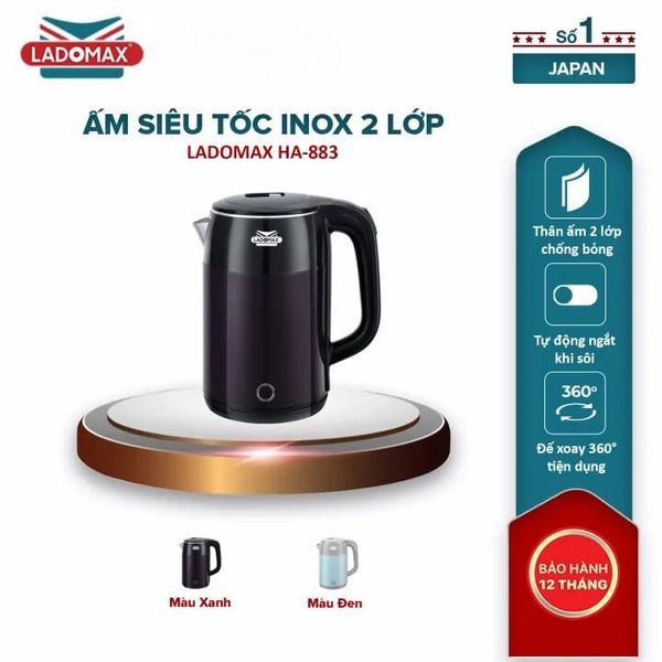 Ấm đun siêu tốc inox 2  lớp cao cấp Ladomax HA-883