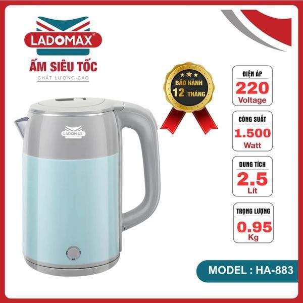 Ấm đun siêu tốc inox 2  lớp cao cấp Ladomax HA-883