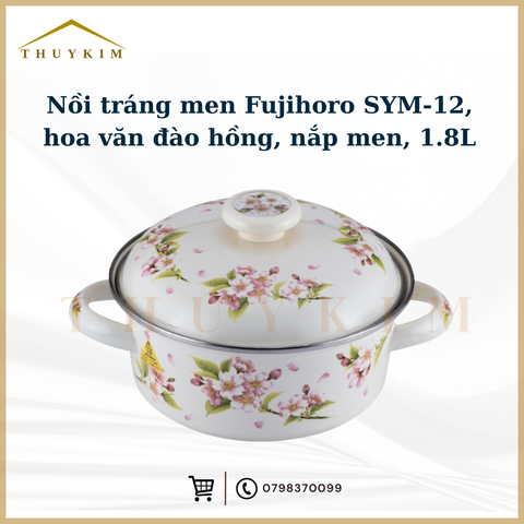 Nồi tráng men Fujihoro SYM-12, hoa văn đào hồng, nắp men, 1.8L