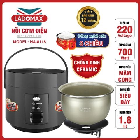 Nồi cơm điện giữ ấm 3 chiều 1,8 Lít Ladomax HA-8118