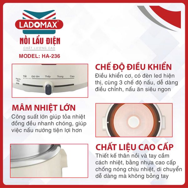 Nồi lẩu điện lòng rời Ladomax HA-236 | Dung tích 4 lít