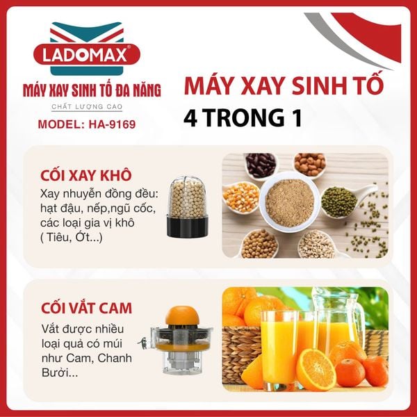 Máy xay sinh tố đa năng Ladomax HA-9169 | 4 cối say sinh tố, say thịt, vắt cam, say khô