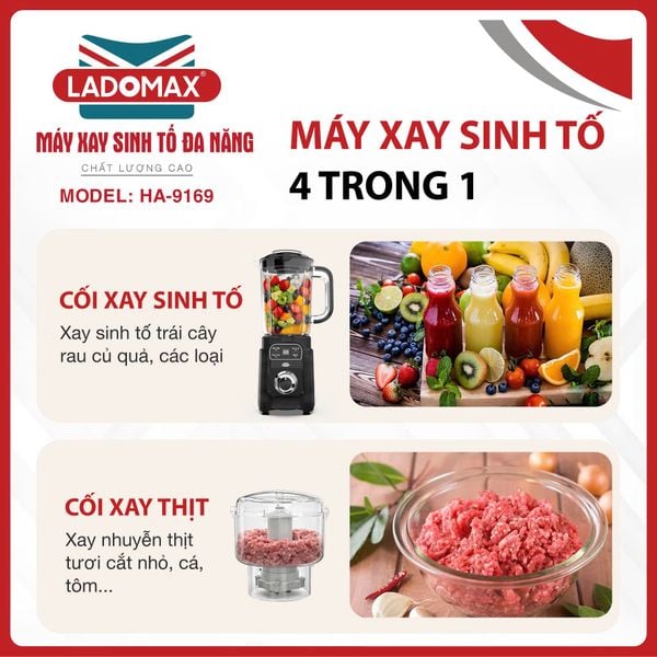 Máy xay sinh tố đa năng Ladomax HA-9169 | 4 cối say sinh tố, say thịt, vắt cam, say khô