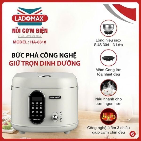 Nồi cơm điện xách tay 1.8L lòng inox Ladomax HA-8818IN