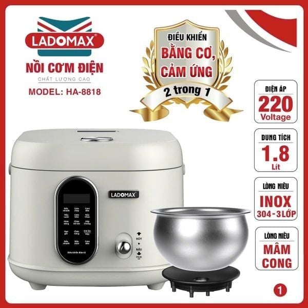 Nồi cơm điện xách tay 1.8L lòng inox Ladomax HA-8818IN