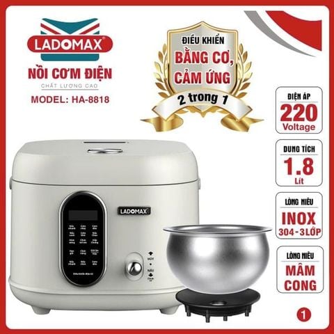 Nồi cơm điện xách tay 1.8L lòng inox Ladomax HA-8818IN