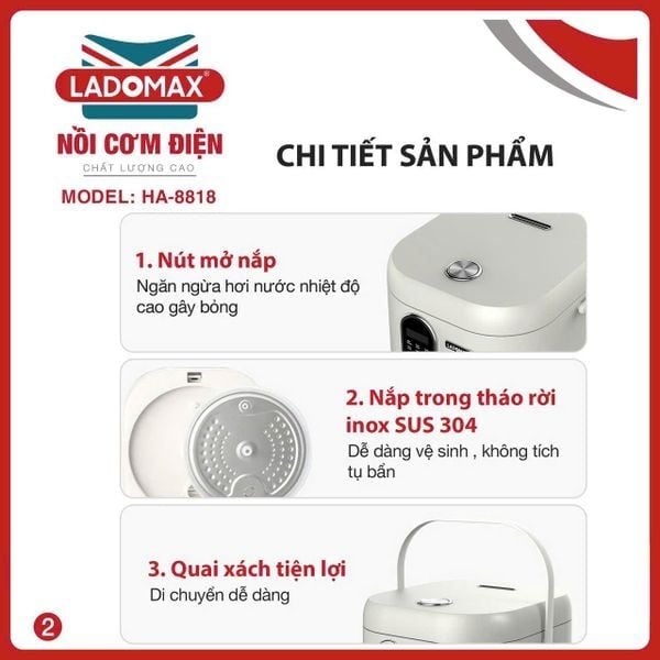 Nồi cơm điện xách tay 1.8L lòng inox Ladomax HA-8818IN