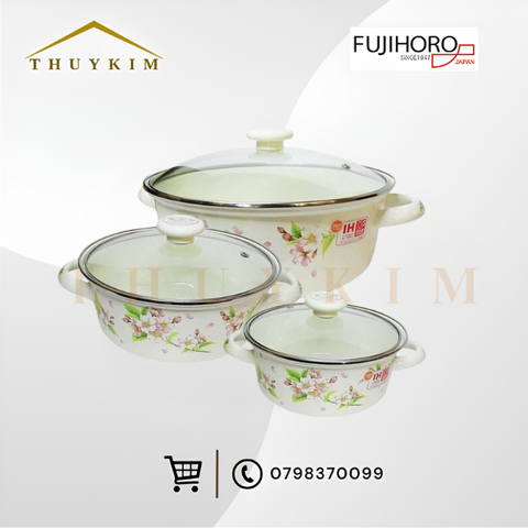Bộ 3 nồi tráng men Fujihoro SYM-332G, hoa văn đào hồng, nắp kính