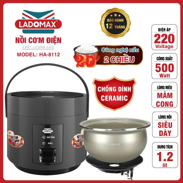 Nồi cơm điện giữ ấm 2 chiều 1,2 Lít Ladomax HA-8112