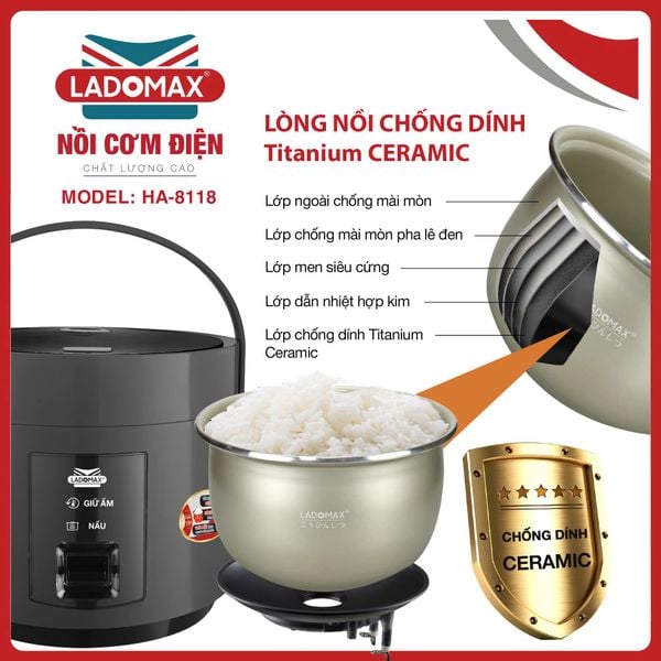 Nồi cơm điện giữ ấm 3 chiều 1,8 Lít Ladomax HA-8118