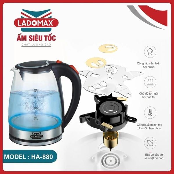 Ấm đun thuỷ tinh cao cấp Ladomax HA-880