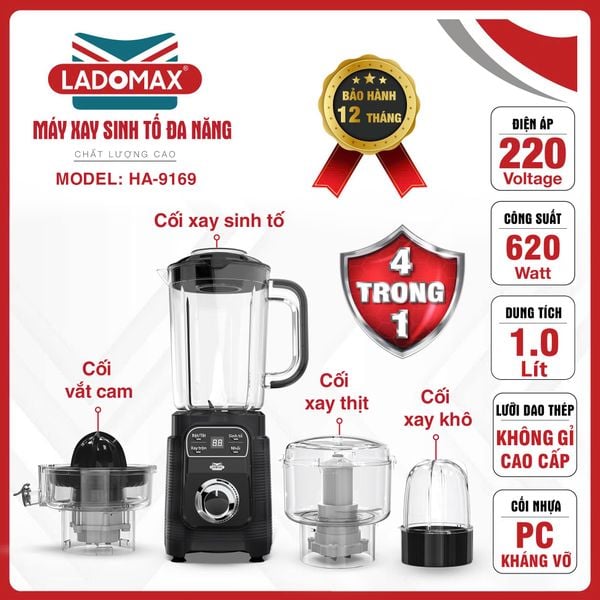 Máy xay sinh tố đa năng Ladomax HA-9169 | 4 cối say sinh tố, say thịt, vắt cam, say khô