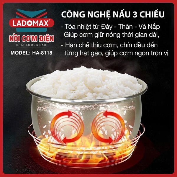 Nồi cơm điện giữ ấm 3 chiều 1,8 Lít Ladomax HA-8118