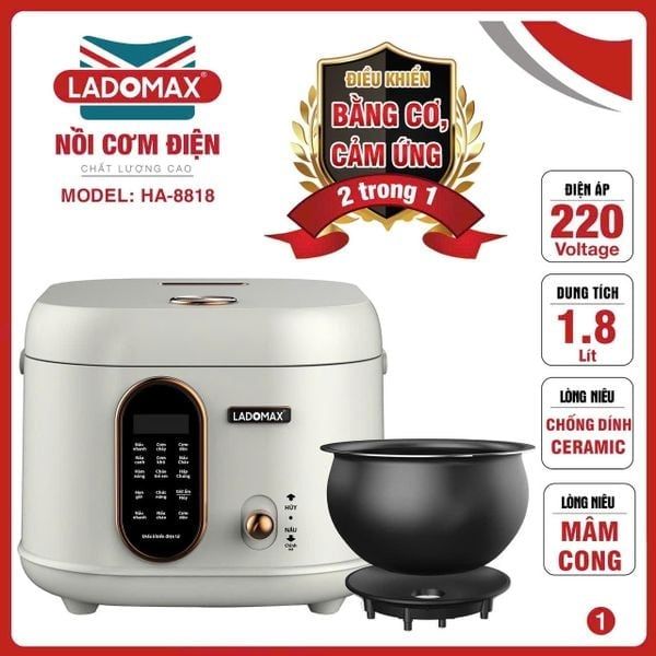Nồi cơm điện xách tay 1.8L lòng gang Ladomax HA-8818GN