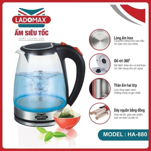 Ấm đun thuỷ tinh cao cấp Ladomax HA-880