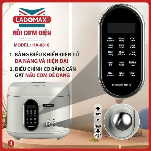 Nồi cơm điện xách tay 1.8L lòng inox Ladomax HA-8818IN