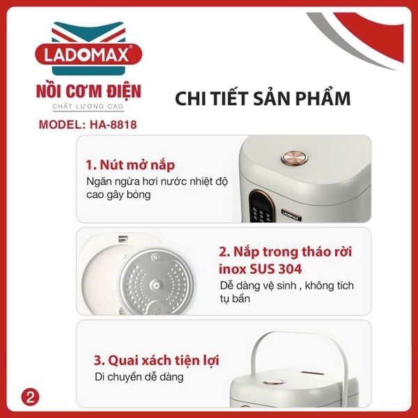Nồi cơm điện xách tay 1.8L lòng gang Ladomax HA-8818GN