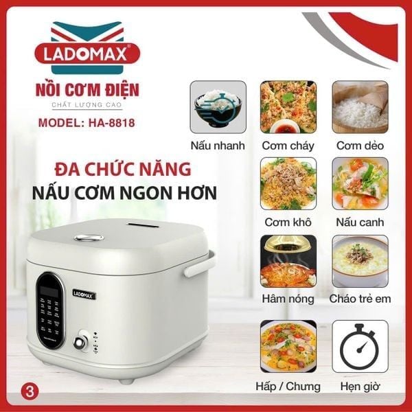 Nồi cơm điện xách tay 1.8L lòng inox Ladomax HA-8818IN