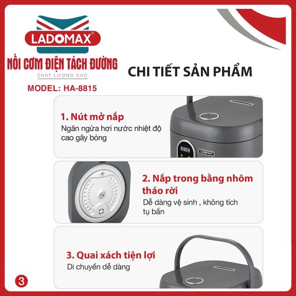 Nồi cơm điện tách đường Ladomax HA8815_INOX | Dung tích 1 Lít 5
