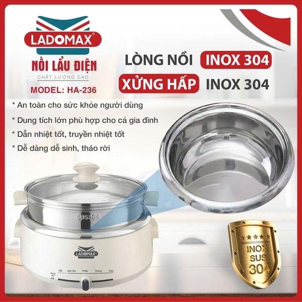 Nồi lẩu điện lòng rời Ladomax HA-236 | Dung tích 4 lít