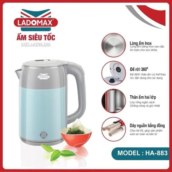 Ấm đun siêu tốc inox 2  lớp cao cấp Ladomax HA-883