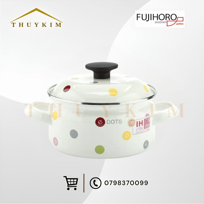 Nồi tráng men Fujihoro EDVC-18W, hoa văn chấm bi, 18cm/2.5L