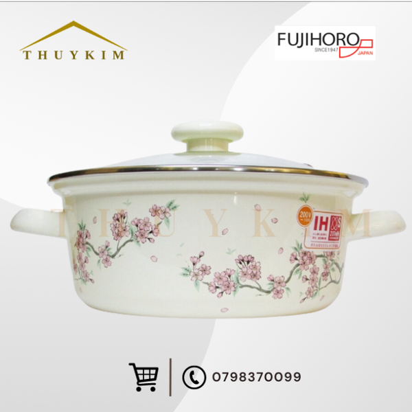 Nồi tráng men Fujihoro SKW-22G, hoa văn đào tím, nắp kính, 22cm/2.3L