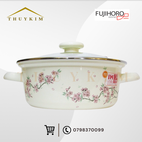 Nồi tráng men Fujihoro SKW-22G, hoa văn đào tím, nắp kính, 22cm/2.3L