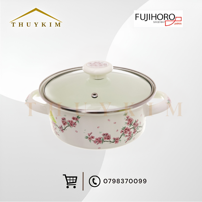 Nồi tráng men Fujihoro SKW-12G, nắp kính, hoa văn đào tím, 20cm/1.8L