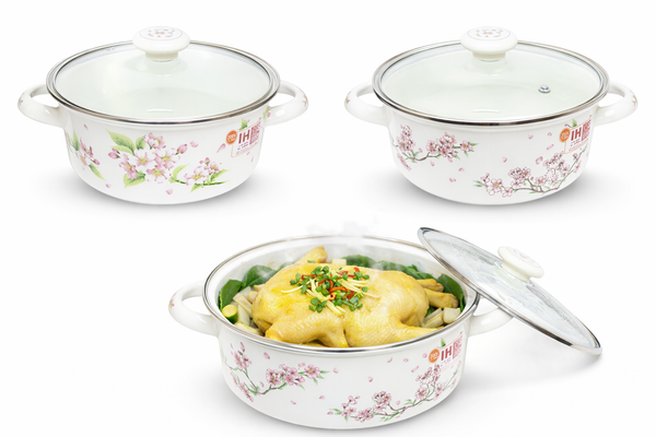 Bộ 3 nồi tráng men Fujihoro SYM-332G, hoa văn đào hồng, nắp kính