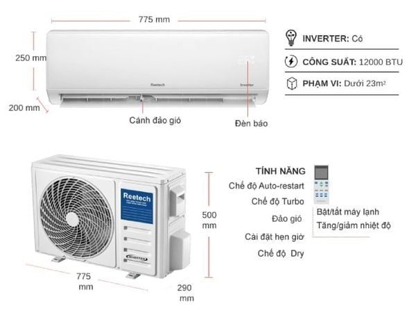 Máy lạnh Reetech Inverter 1.5 HP RTV12-BK-BT/RCV12-BK-BT