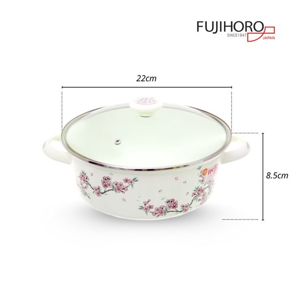 Nồi tráng men Fujihoro SKW-22G, hoa văn đào tím, nắp kính, 22cm/2.3L