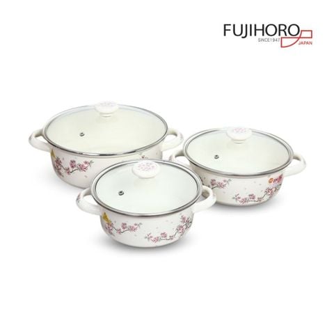 Bộ 3 nồi thép Nippon tráng men Fujihoro SKW-332G - đào tím nắp kính