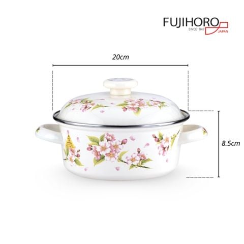 Nồi tráng men Fujihoro SYM-12, hoa văn đào hồng, nắp men, 1.8L